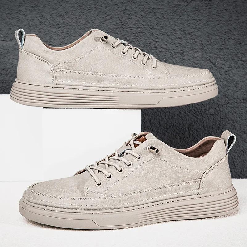 Casual Leather Shoes Men Genuine Leather Mens Sneakers Comfortable Lace-up Solid Male Sneakers Fashion Daily Skateboard Shoes