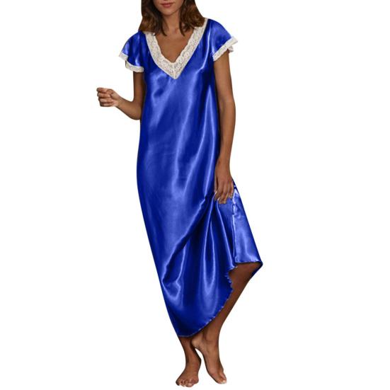 Women Nightgown Lace Trim V Neck Short Sleeves Solid Color Satin Dress Sleep Gown Pajamas Sexy Loose Long Nightdress Sleepwear
