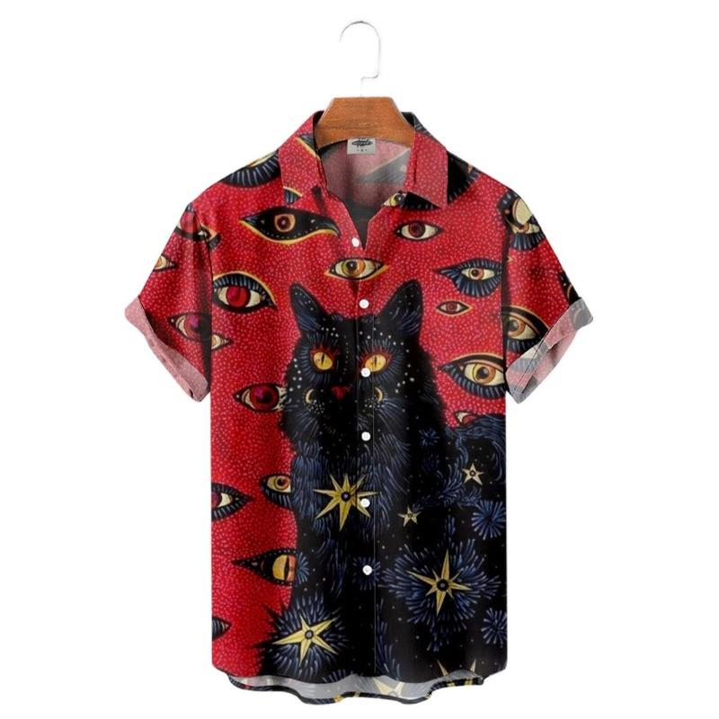 Hawaii Men's Shirt Anime Shirt Cartoon Short-sleeved Tops Summer Casual Men's Clothes Street Animals Cats Retro 3d Tees