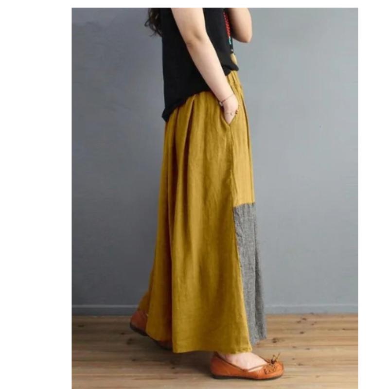 Spring and Summer New Retro Literary Style Loose Elastic Waist Color Matching Cotton and Linen Skirt Was Thin A-line Skirt