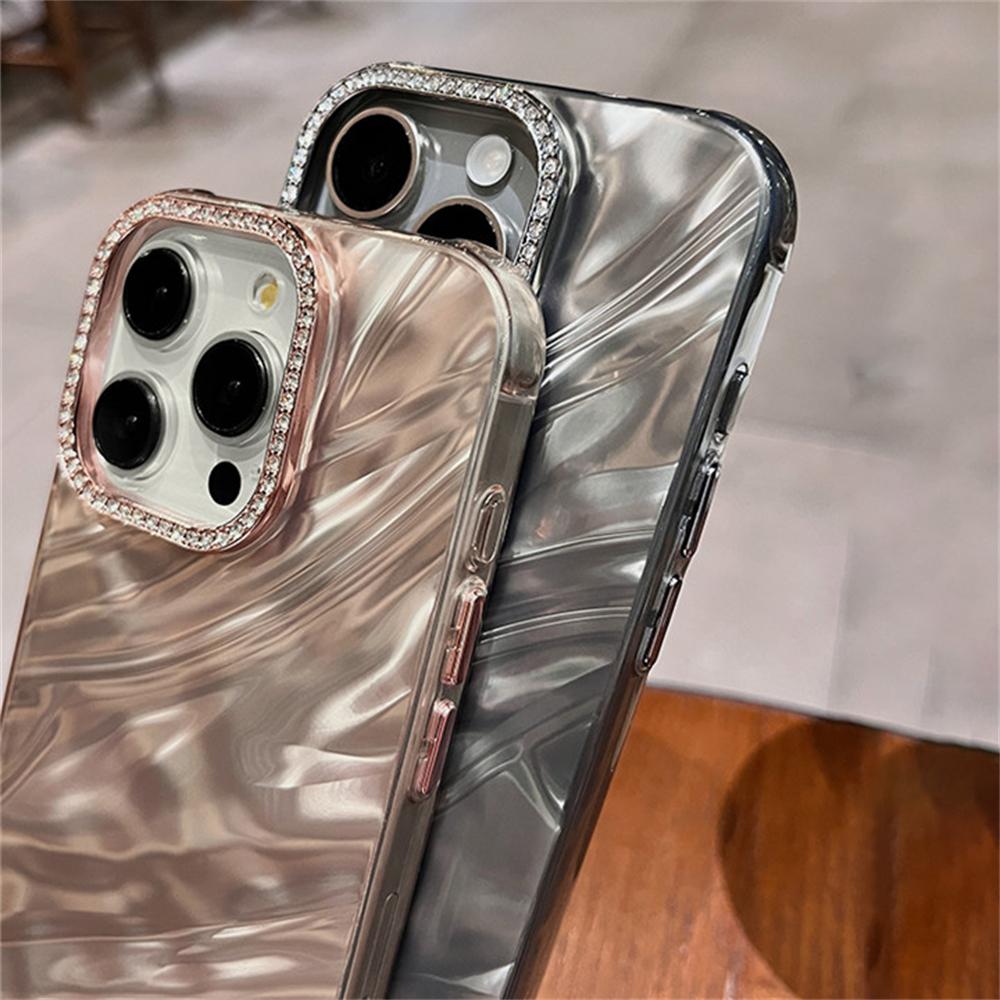 Luxury Bling Glitter Diamond Camera Protection Phone Case for iPhone 14 11 12 13 15 Pro Max Shiny Wave Ripple Pattern Hard Cover