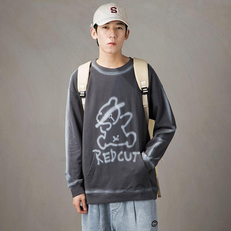 Wassup Fashion Brand Cartoon Smiley Face Fleece-lined round Neck Hoodie Boys Spring, Autumn and Winter All-Matching Couple Pullover Top Heavy