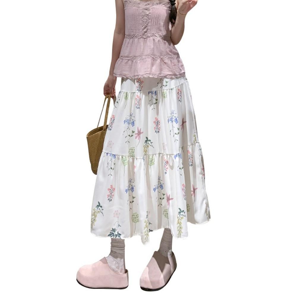 Qooth Elegant Women A-line Floral Ruffle Skirt Wide Hem Mid Length Casual Sweet Skirt QT2622