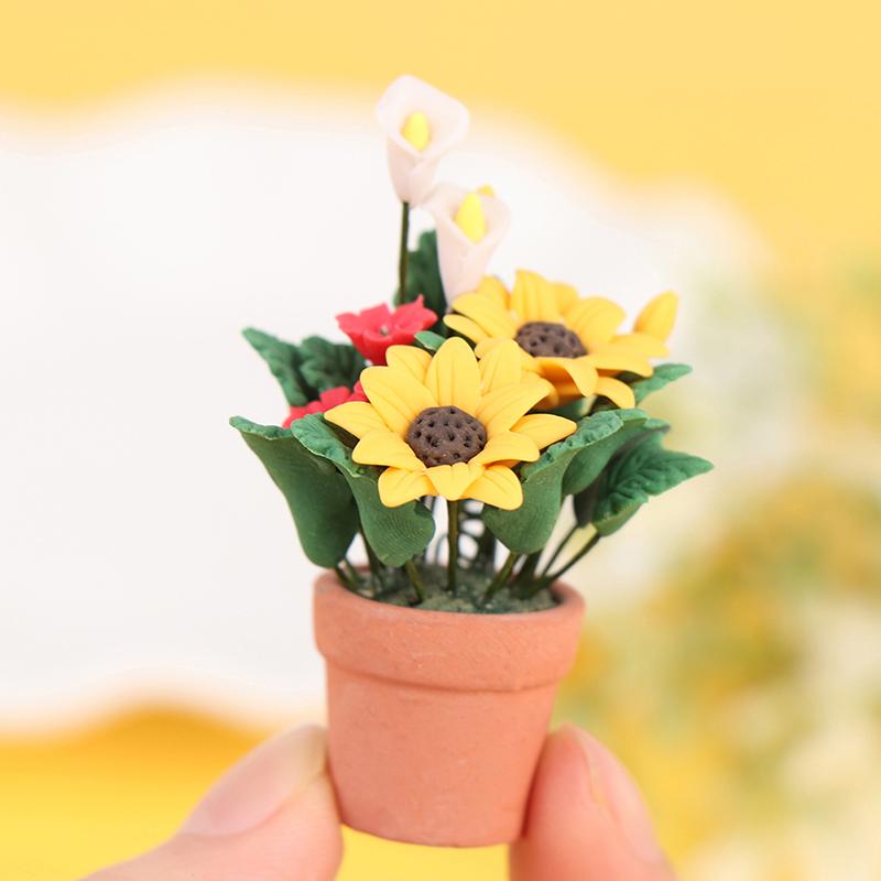 Different Styles 1:12 Dollhouse Miniature Flowers Mini Potted Plant Flower Pot DollHouse Decor Bonsai Model Garden Home Ornament