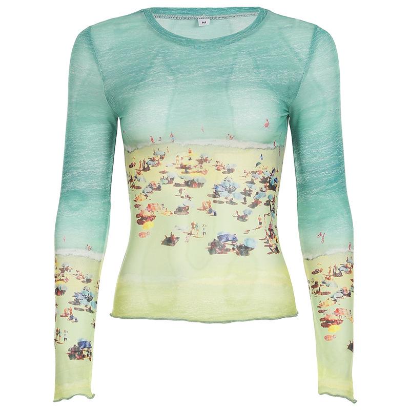 

Принтованный топ контрастного цвета, легкий, облегающий, со средним высоким воротником, футболка с длинным рукавом L