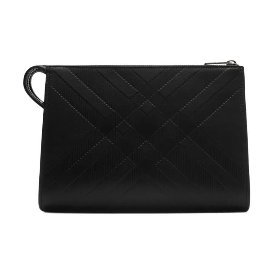 Burberry Check Embossed Brushed Metal Hardware Calfskin Storage Pouch Unisex Couple's Style Black