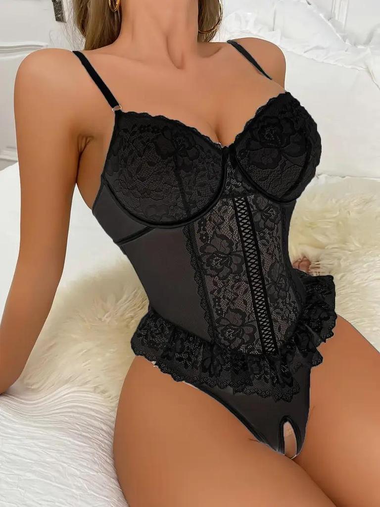 "Sexy Lace Floral Deep V Backless Crotchless Teddy Lingerie"