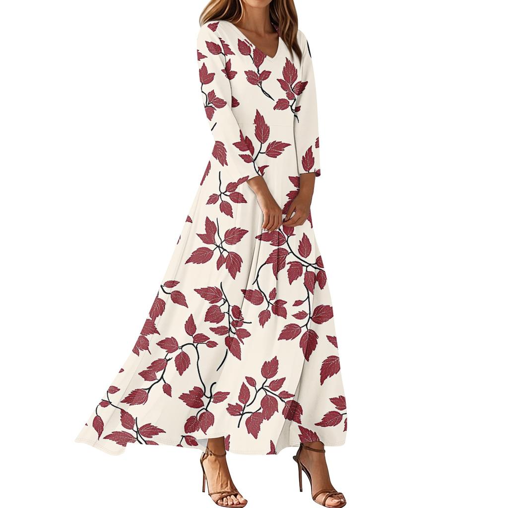 Women's Casual 3/4 Sleeve V-Neck Floral Print Maxi A-Line Beach Dress