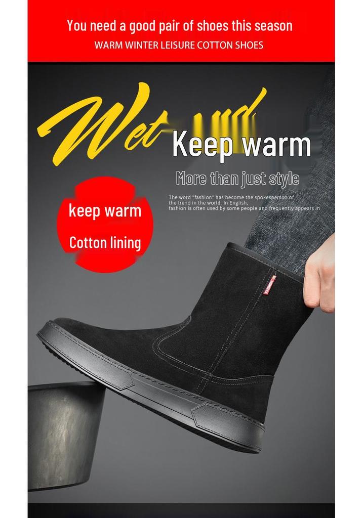 Men's Trendy Suede Cowhide Snow Boots: Warm High-Top Casual Cotton, Fashionable, Versatile Slip-On with Side Zipper