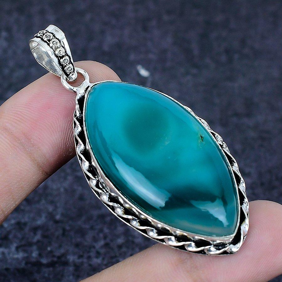 Green Lace Agate Gemstone 925 Sterling Silver Jewelry Pendant 2.40"