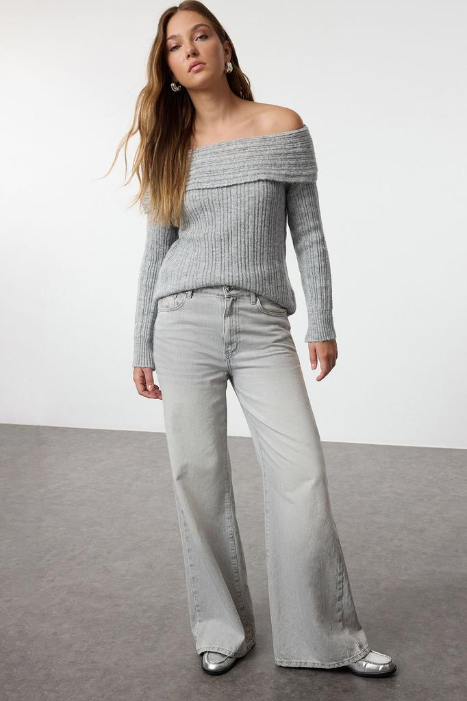 Women's Fashion Stylish Sweater Plum Soft Textured Carmen Collar Knitwear Sweater