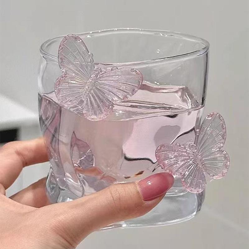 Pink Butterfly Irregular High Beauty Transparent Crystal Glass Cup Cold Drink Cup Twist Cup Household Juice Whiskey Glass
