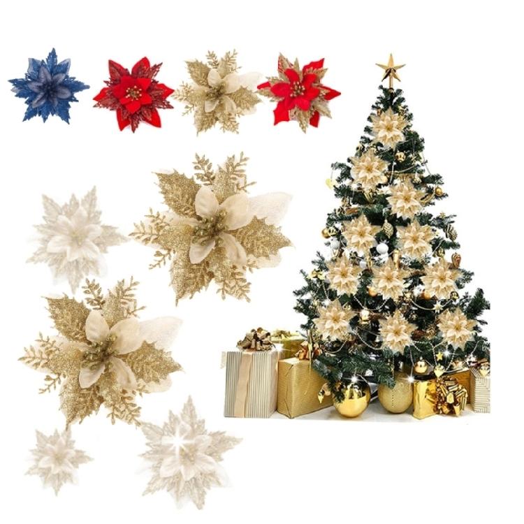 2pcs Christmas Glitter Poinsettia Flowers Xmas Tree Ornaments Home Decorations