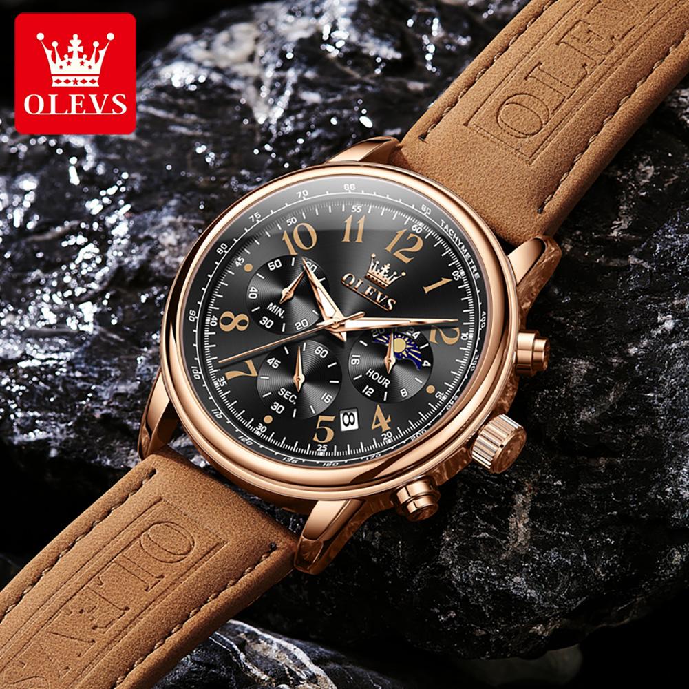 OLEVS 2912 Oem Custom Luxury Brand Fashion Moon Phase Genuine Leather Strap Multifunctional Chronograph Quartz Watch for Man