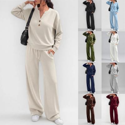 Women S Casual Two Piece Set Loose Long Sleeve Top Wide Leg Pants Autumn Winter