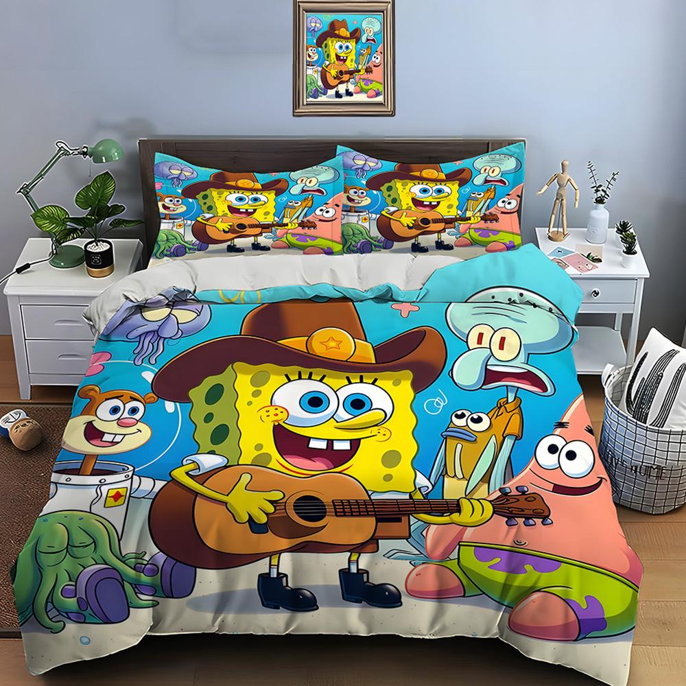 Multiple Sizes Spongebob Cartoon Print Bedding Set 1 Duvet Cover 2 Pillowcases Adult And Kids Bedding Set Luxury Gifts