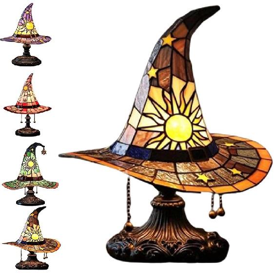 Witch Hat Lamps, Stained Glass Witch Hat Lamp with Mystical Charm, Lamps Stained Glass, Handmade Shape Gothic Lamp for Wiccans and Halloween Lovers,