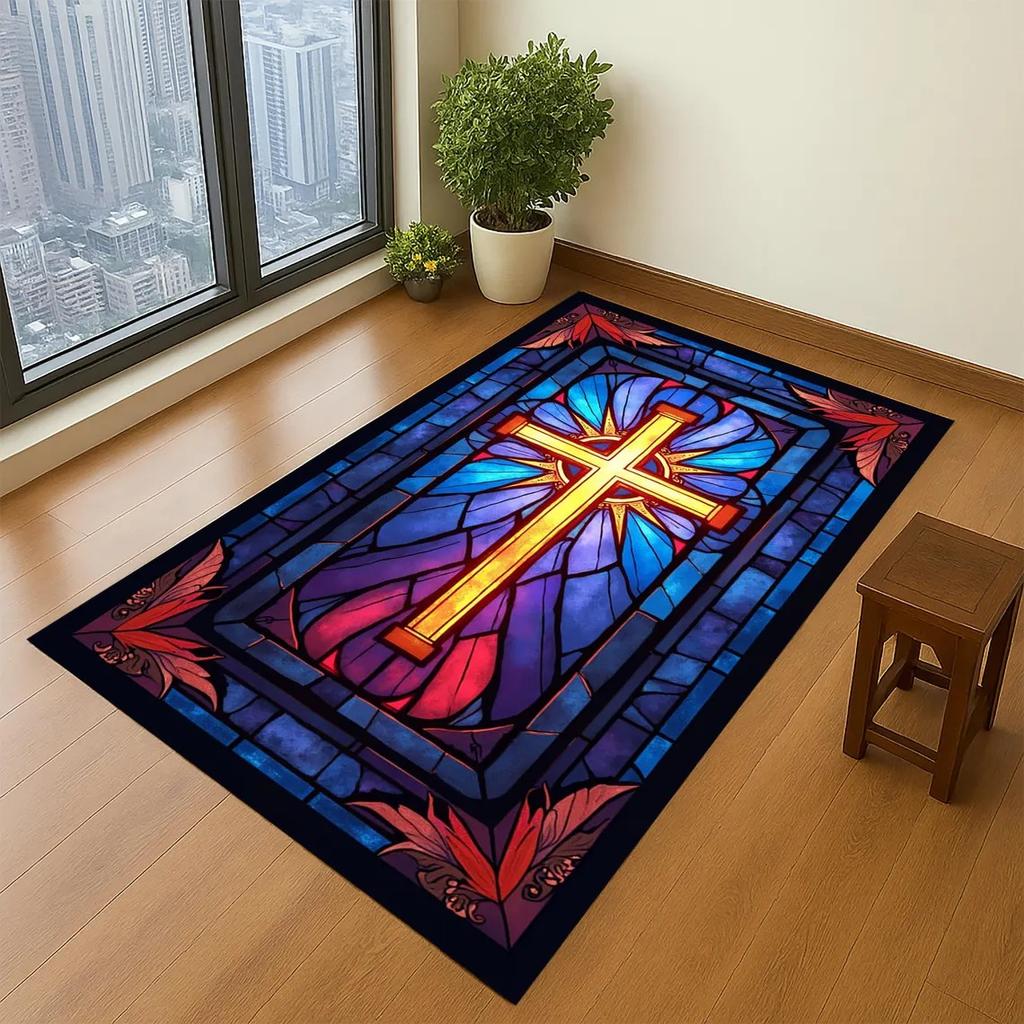 Christian Prayer Rug Non-slip Celtic Cross Print Floor Mat Catholic Religious Meditation Carpet Vintage Church Home Decor
