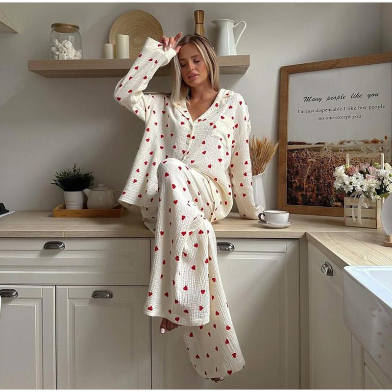 Love Print Cotton Pajamas For Women Single-Breasted Pocket New In Women's Sleepwear 2026 Spring Autumn Lapel Long Sleeve Woman Clothing