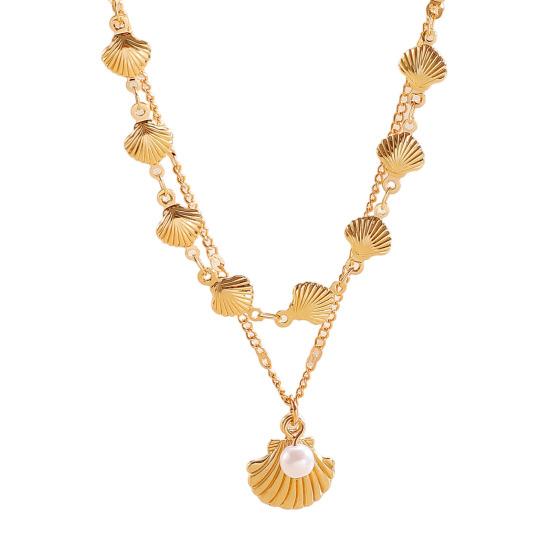 Double Layer Shell Pendant Necklace Lightweight Hypoallergenic Women Faux Pearl Starfish Charm Layered Chain Necklace Ocean Beach Neck Jewelry