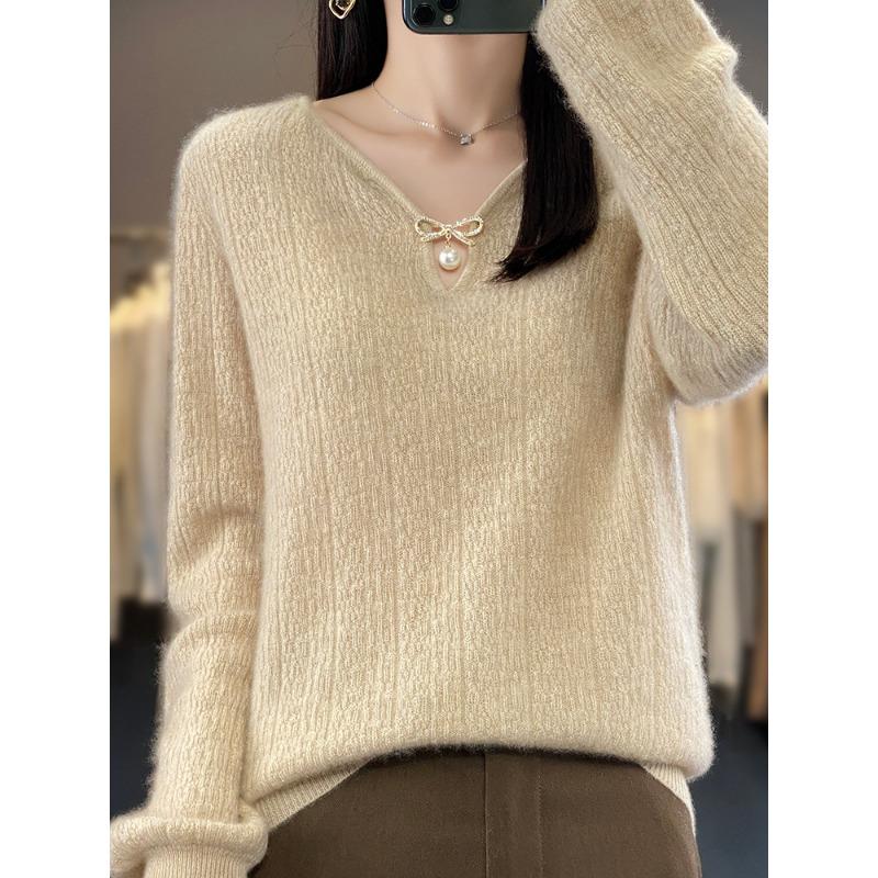 Женский шерстяной свитер с V-образным вырезом для тяжелой промышленности модный и универсальный кашемировый базовый свитер свободного кроя топ S 8848₽