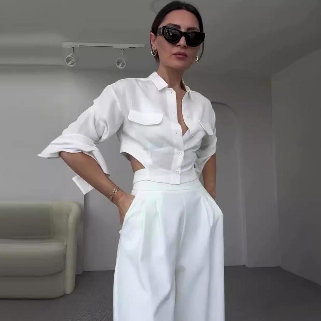 2024 Autumn Women's Solid Color Hollow Out Top & Wide Leg Pants Set