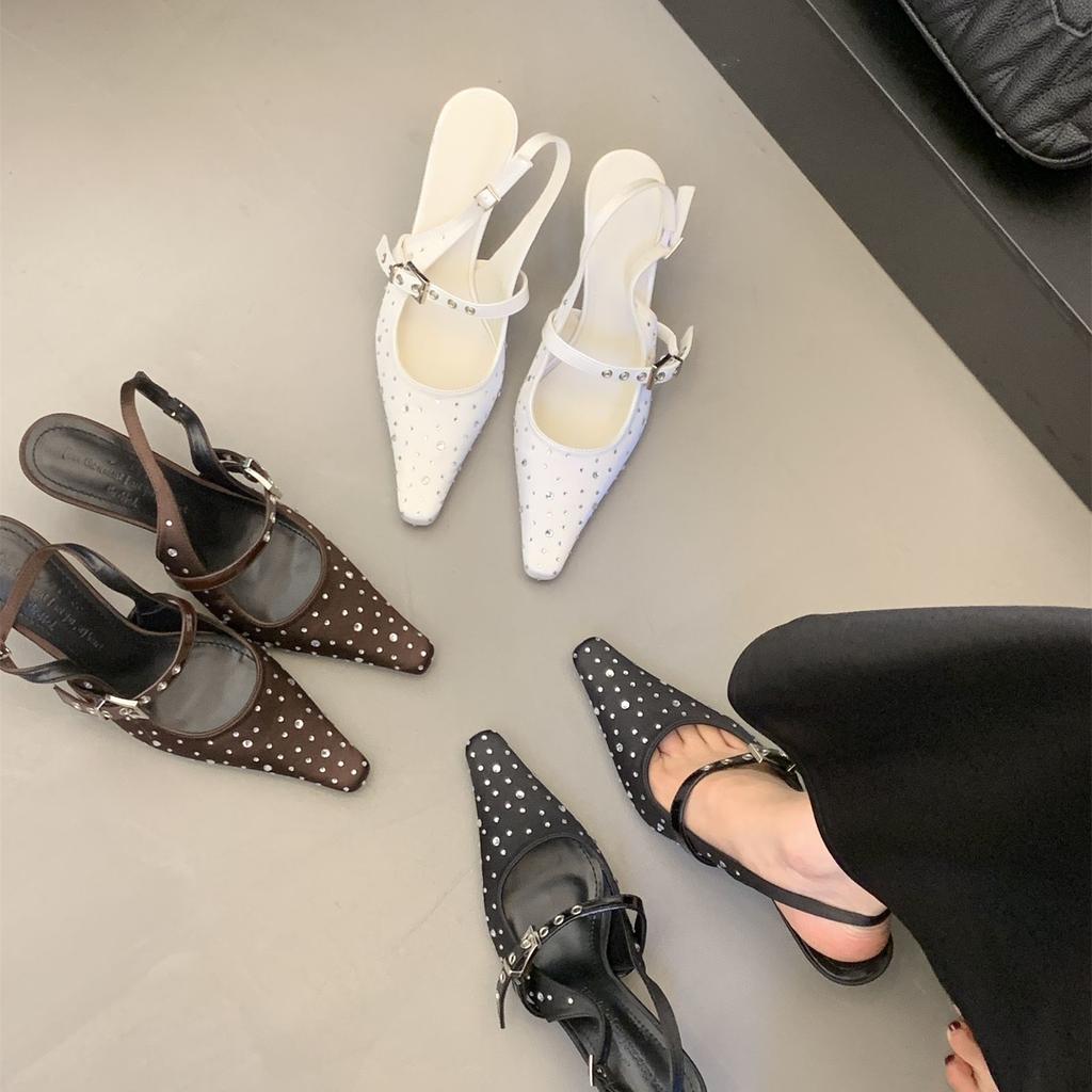 French temperament pointed satin belt buckle Mary Jane sandals women's spring 2025 baotou rhinestone high-heeled shoes