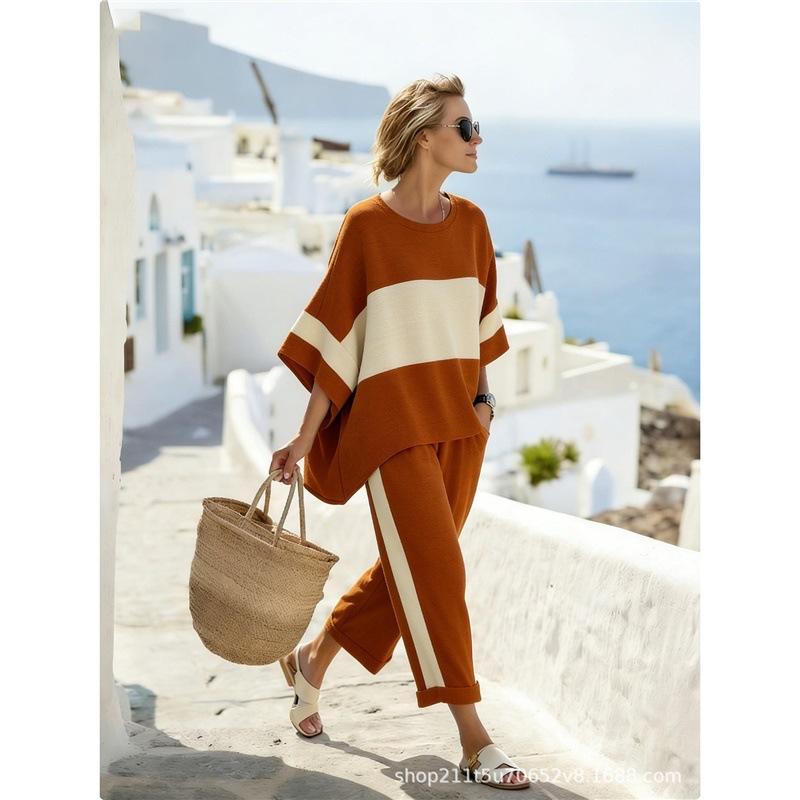 Summer new two-piece set, seven-quarter-sleeved women's round neck bohemian print casual suit