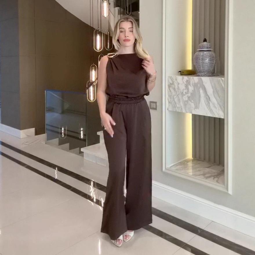 

Летний комплект топ с открытыми плечами без рукавов и широкие брюки для женщин – Европейский и американский стиль L кофейный
