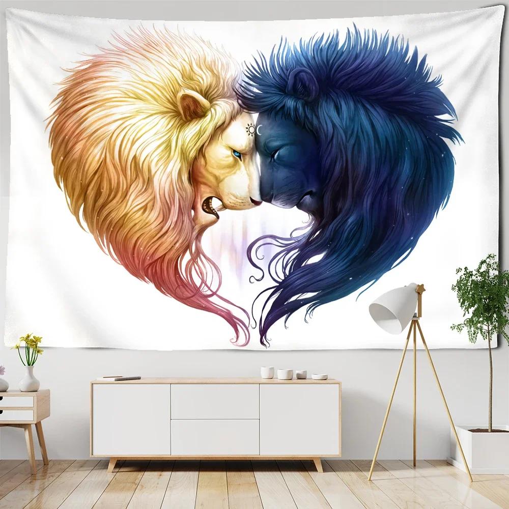 Embroidery Wolf Lion Tapestry Wall Hanging Colorful Simple Bohemian Psychedelic Art Background Cloth Home Decor