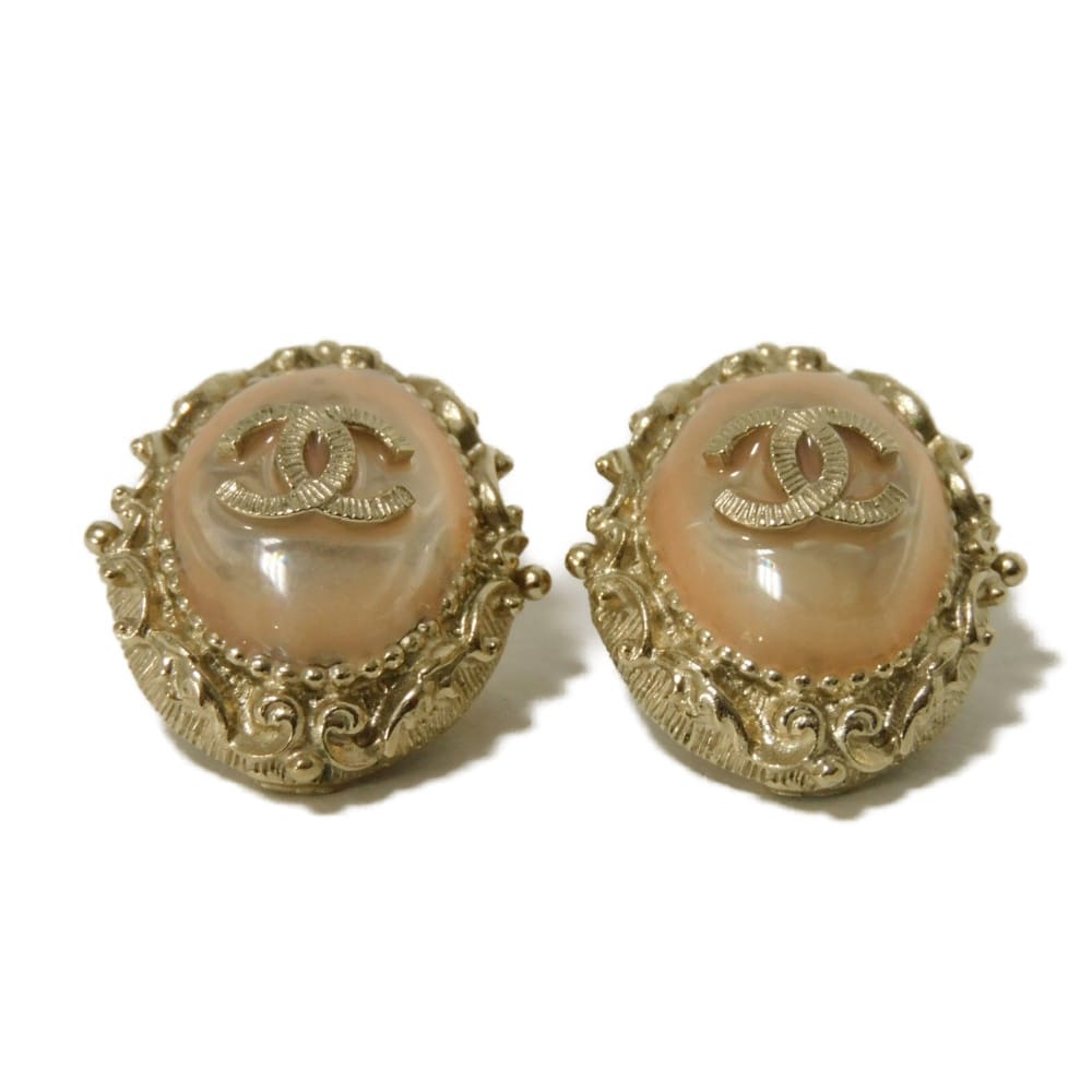 Used 10097 COCO Mark Gripoa 7982 B13C Champagne Gold Clip-on CC Mark Colored Stone Clear Pink Beige Women's from Japan