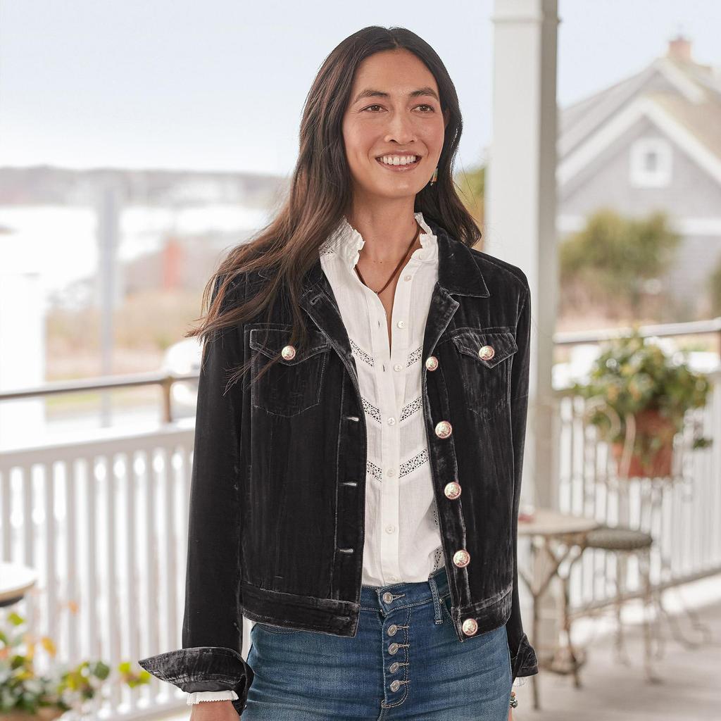 Women's Velvet & Denim Cropped Jacket with Notched Lapel, Button Front, and Chest Pockets - Multiple Colors