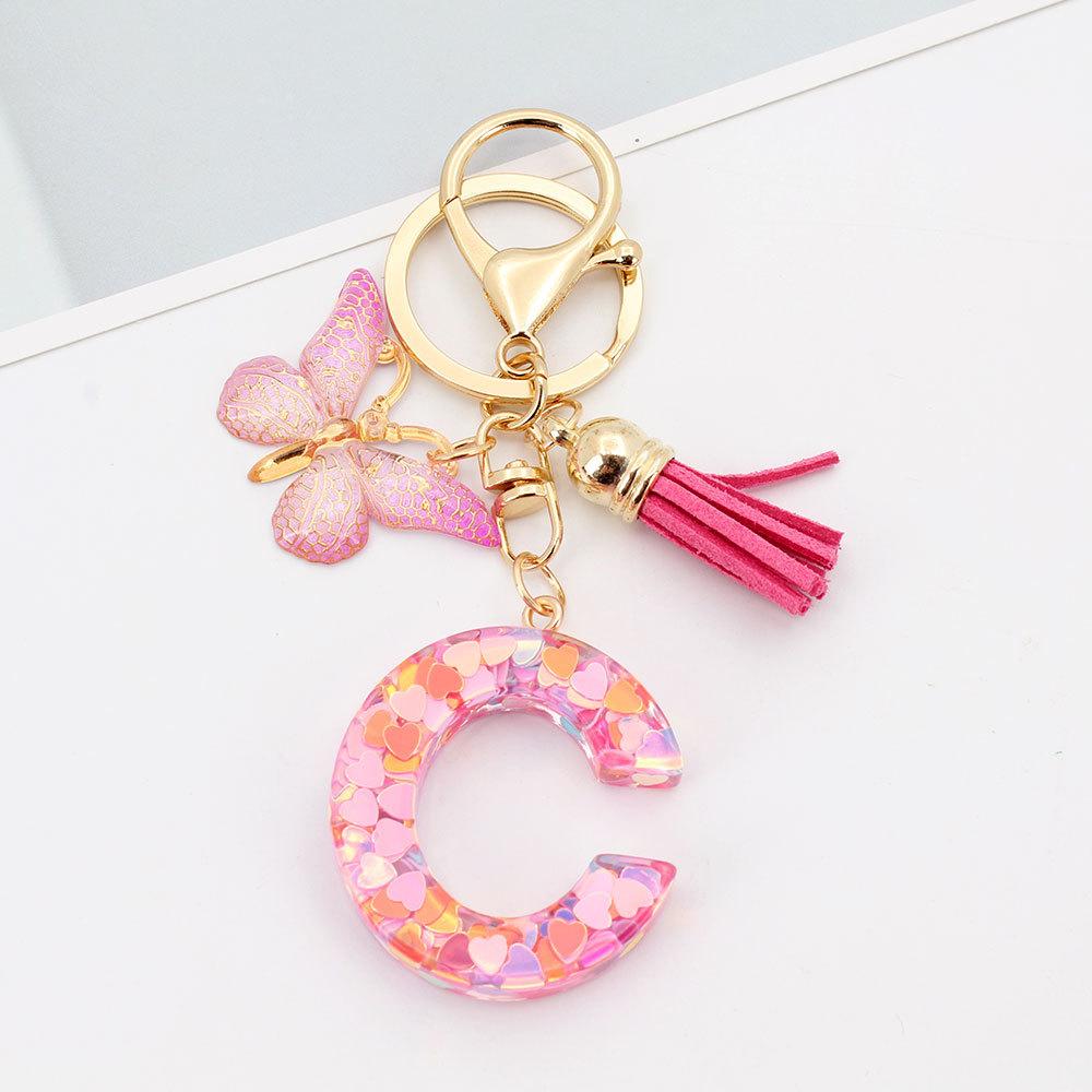Fashion A-Z Letters Acrylic Keychain for Women Pink Butterfly Tassel Alphabet Car Key Ring Bag Charms Accessories Gift Jewelry