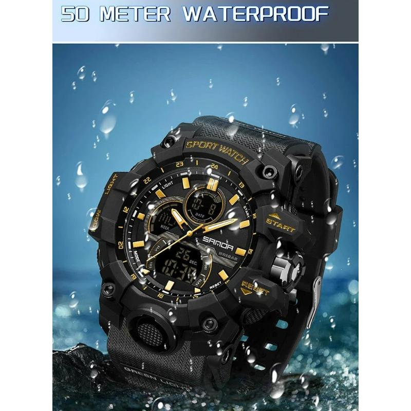 SANDA Multifunctional Military Watch for Men Dual Display Digital Waterproof Luminous Mens Wristwatches Quartz Clock Sport Watches