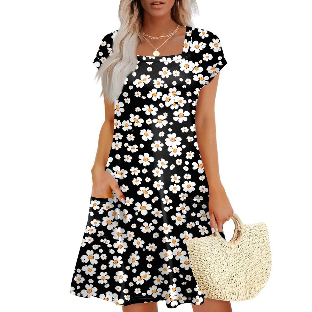 Summer Dresses For Women Loose Square Neck Cap Sleeve Casual Beach Vacation Tshirt Dress Sundresses With Pockets