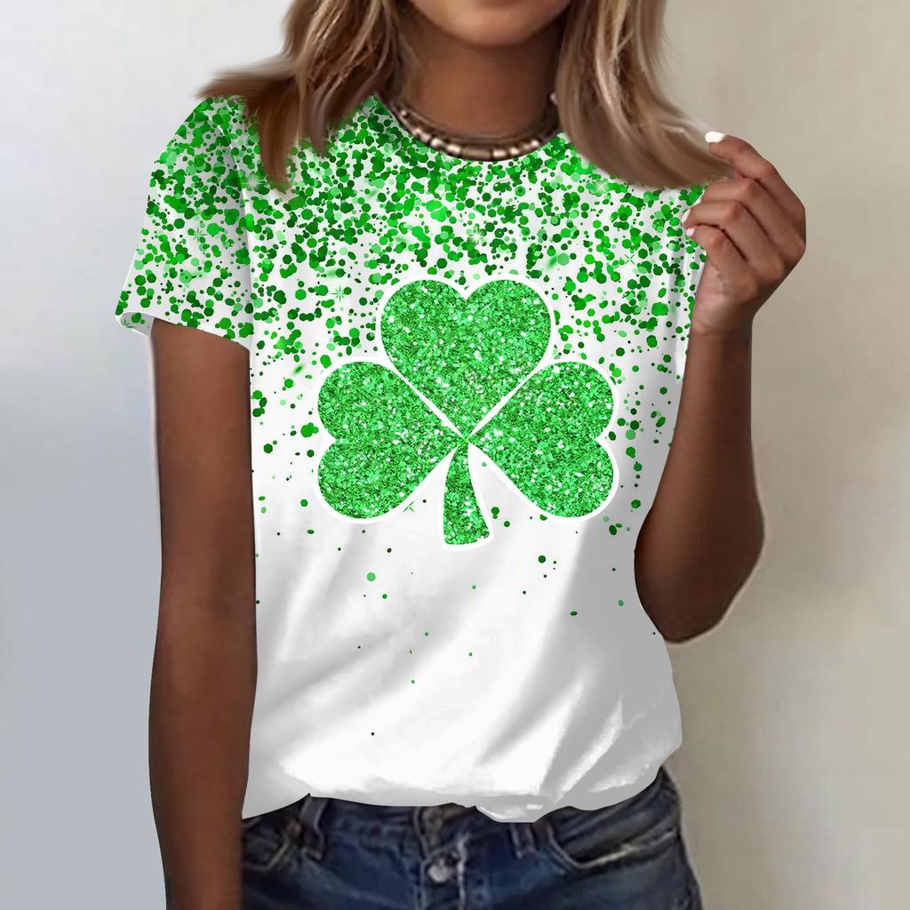 Women's  Casual Short Sleeve Shirts Fashion St Patrick's Print Tunic Tops With Pockets
