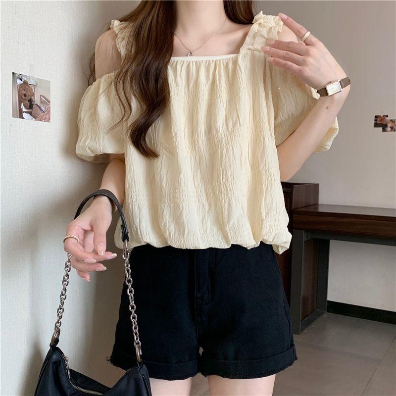 One-word shoulder suspender shirt women's bubble sleeves short with high-waisted pants annual summer loose-minded off-the-shoulder top