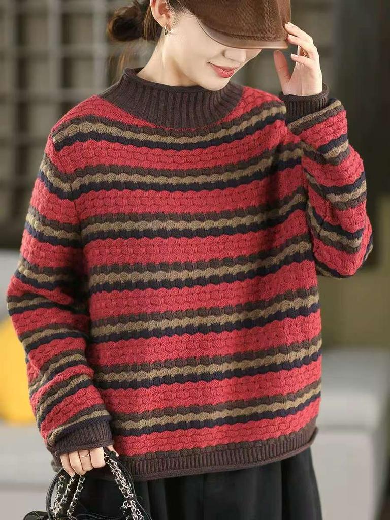 Johnature Women Vintage Pullover Sweaters Half Hight Collar Striped Knitted Spring Long Sleeve Sweaters