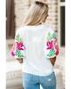 Azura Exchange White Floral Embroidered Puff Sleeve Notched Neck Blouse