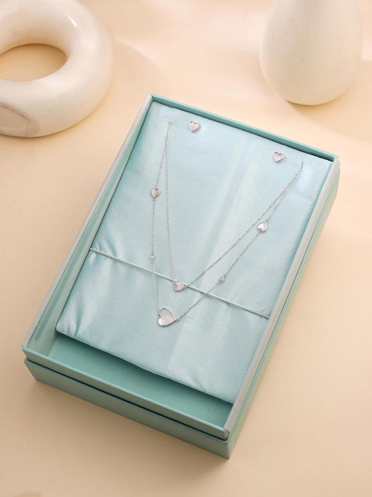 Kicky and Perky 925 Sterling Silver Mother of Pearl Station Layred Heart Love Necklace Earrings Jewelry Set For Womens