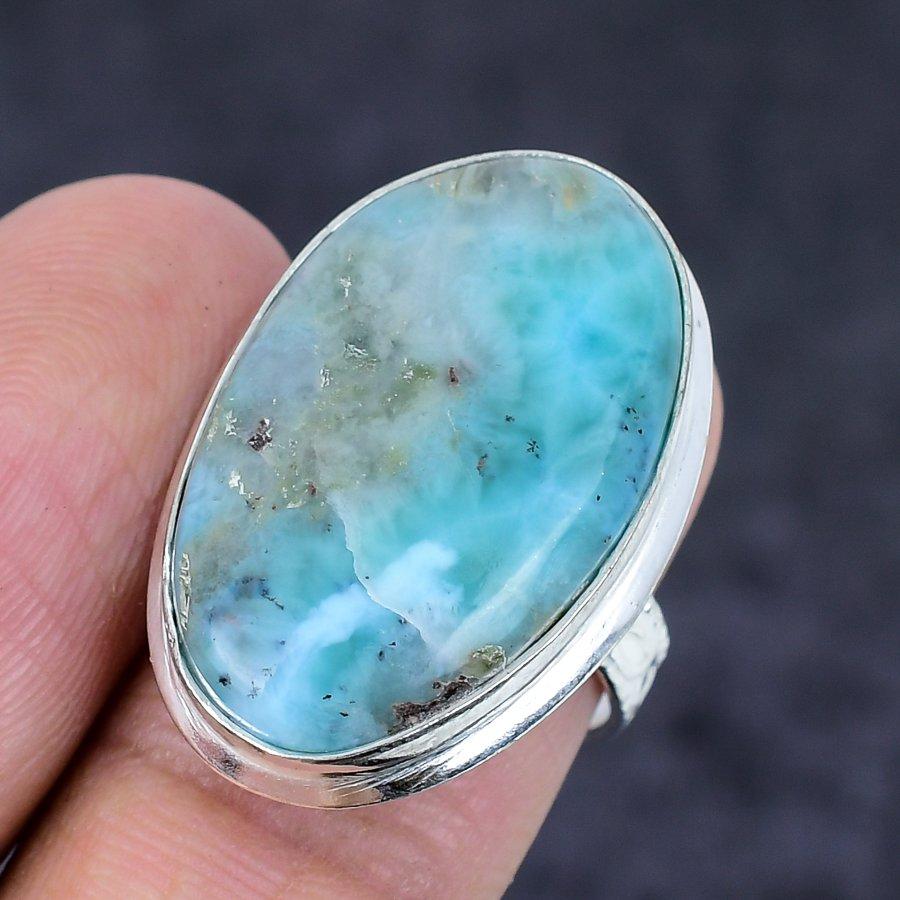 Natural Larimar Gemstone Handmade 925 Sterling Silver Jewelry Ring Size 7 l0y40