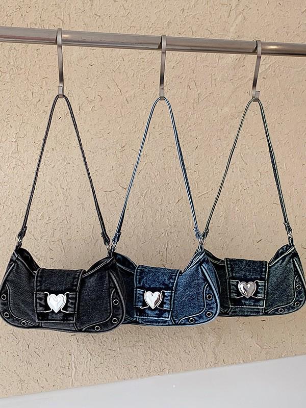 Cross-border Denim Heart One-Shoulder Bag - 2026 New Korean Rivet Trendy Cool Crossbody Bag for Travel and Commute