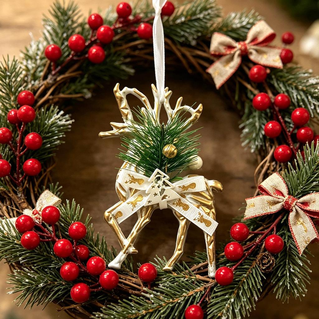 White Gold Retro Elk Snowflake Christmas Tree Ornament