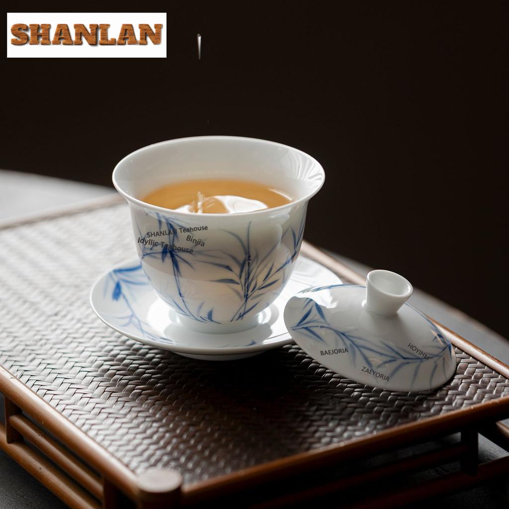 160ml Blue And White Hand-painted Bamboo Gaiwan Retro Tea Tureen Tea Bowl With Lid Kit Tea Brewing Cover Bowl Cha Decoration