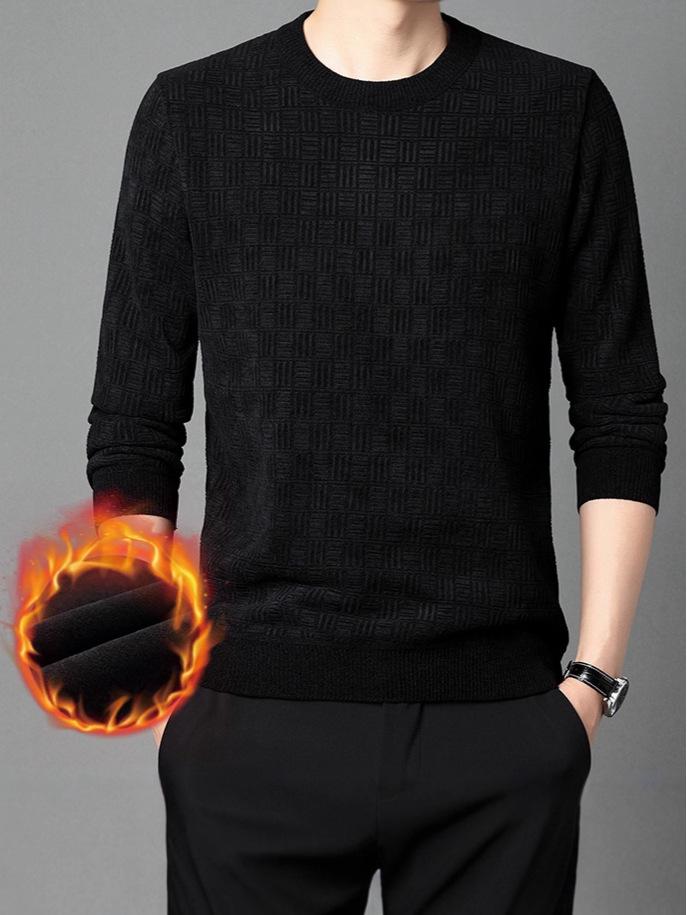 Men's Fleece-lined Jacquard Sweater - Winter Warmth, Round Neck Solid Color Knitwear.