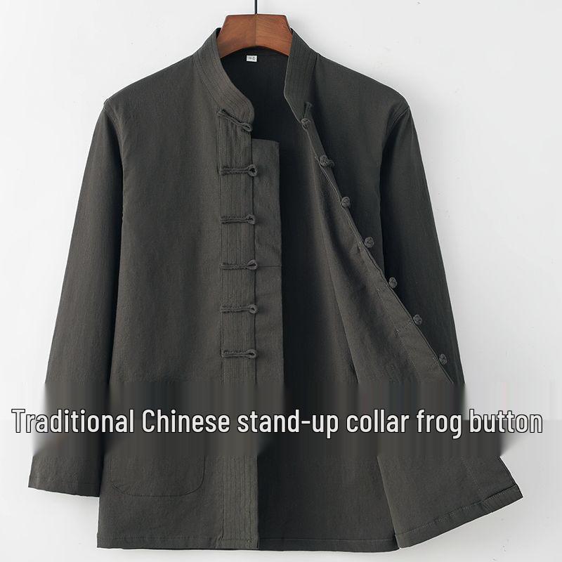 Men's Retro Tang Suit: Stretch Cotton Shirt with Stand Collar & Frog Button