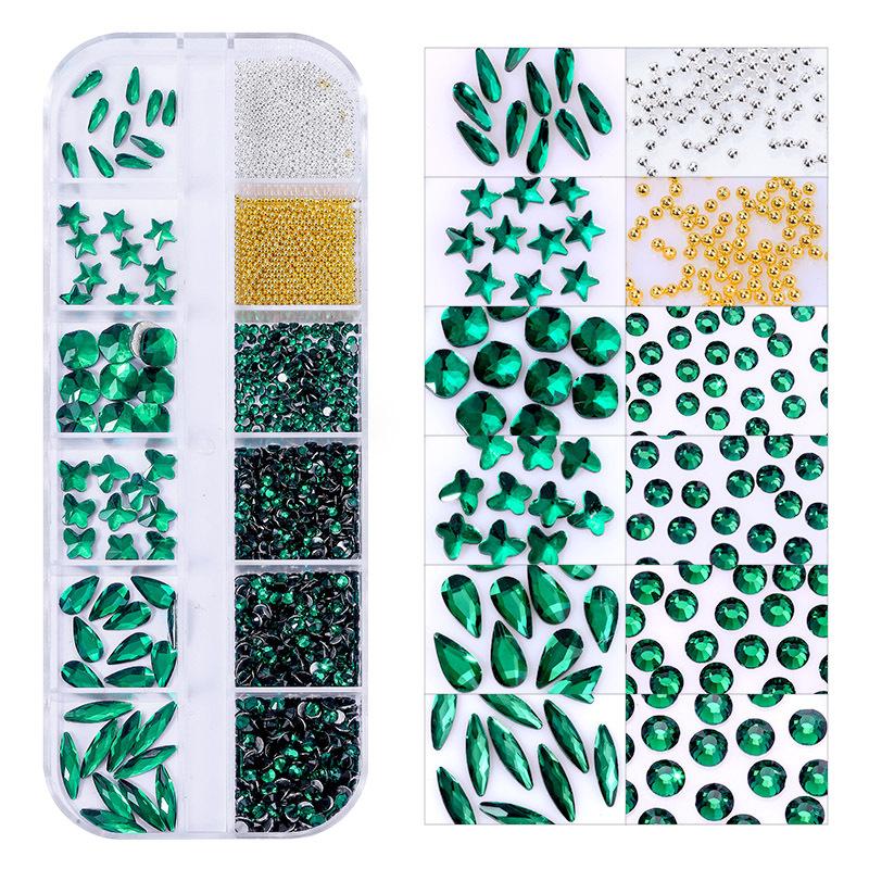 

Xiyin Hot-Selling 12-Grid Nail Art Diamond Jewelry Set, Nail Art Flat-Bottomed Diamond Glass Rhinestone Special-Shaped Diamond Steel Ball Combination