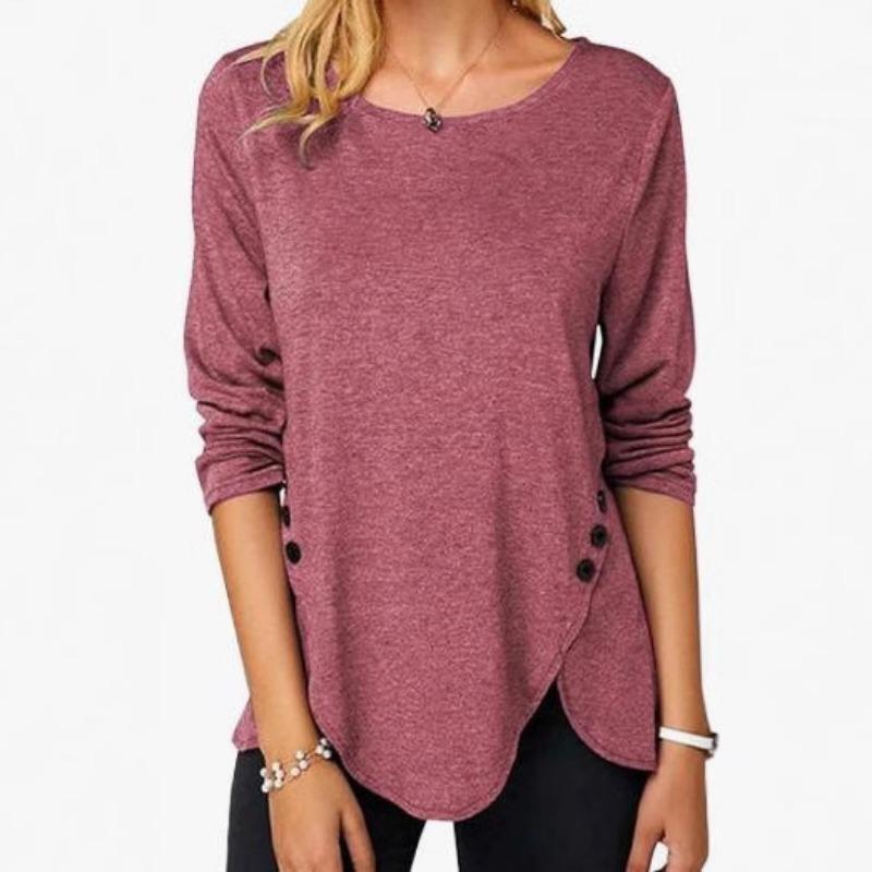 Women Solid Color Round Neck Loose Button Split Casual T Shirt S красный