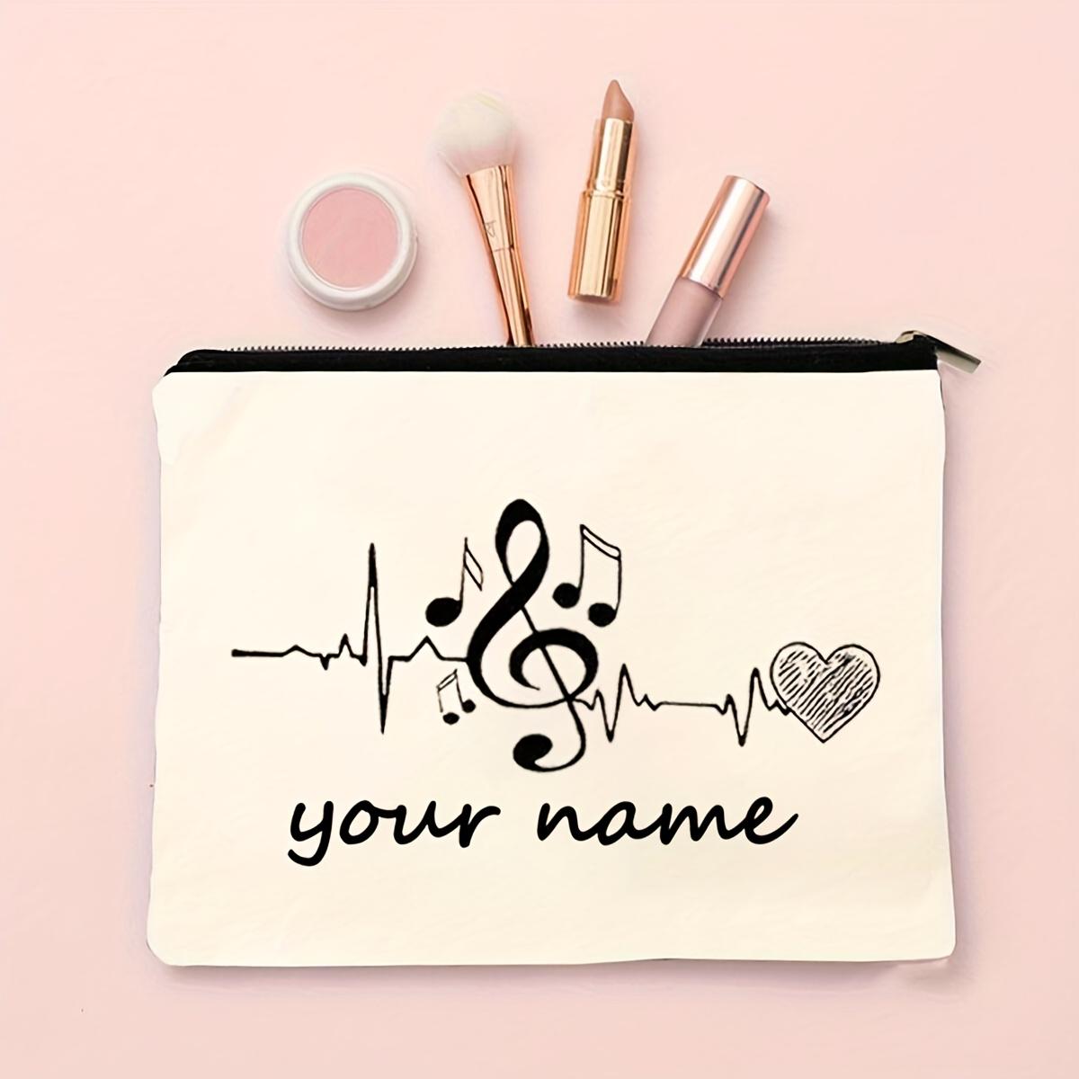 

Personalized Makeup Bag Custom Name with Musical Notes and Heart Design Travel Cosmetic Organizer Zipper Toiletry Bag Suitable