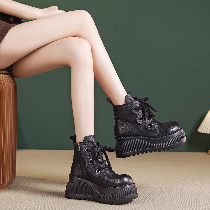 Women's Genuine Leather Retro Platform Ankle Boots - Lightweight, Soft, High-Top (2025 Autumn/Winter Collection)
